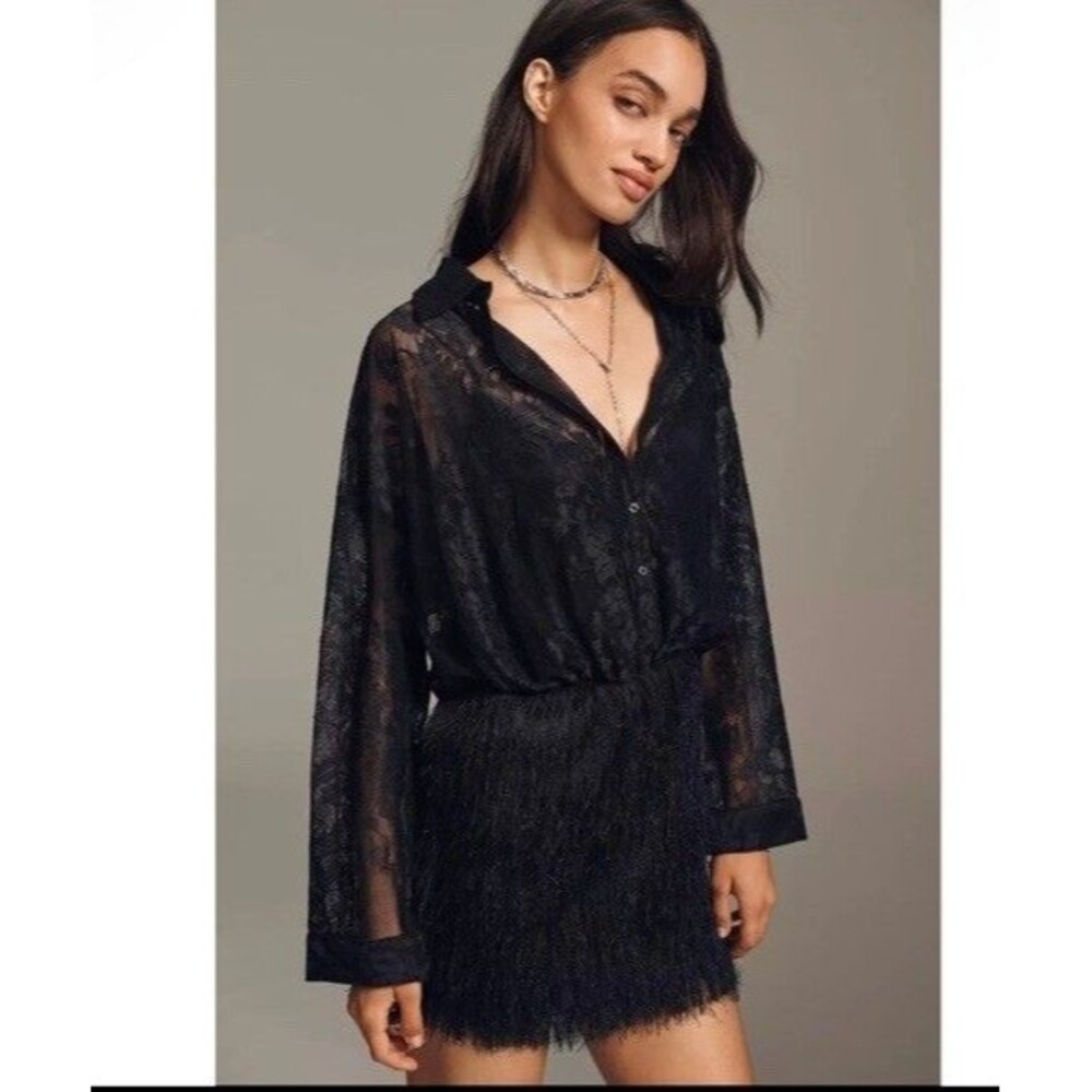 Anthropologie Maeve Fringe Twofer Dress Black Sz M NEW Elegant Classic Party